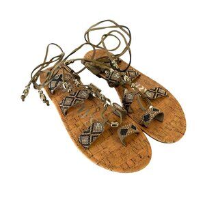 Sam Libby Strappy Sandals 8 Beaded Cork Lace Up Gladiator Taupe Metallic Studded